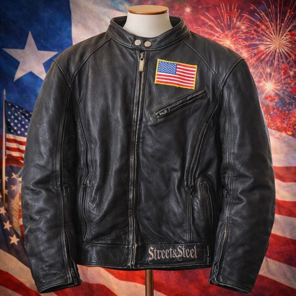 Street & Steel Native Texan Leather Motorcycle Jacket L USA Patch Flag